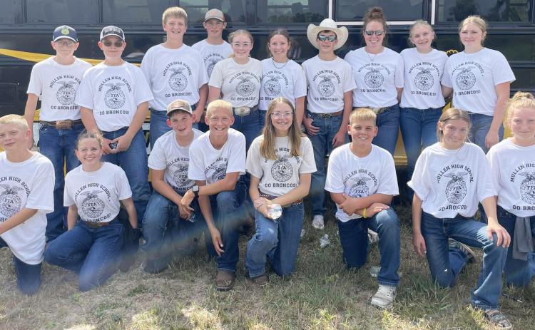 Mullen FFA members competing in Range Judging last week are pictured back, l-r: Oakes Miller, Collin Donohoe, Hayden Deibler, Cort Cox, Kassidy Cheever, Hope Miller, Brandt Mundorf, Morgan Hassett, Hadley Marsh, Hayley Donohoe. Front: Weston Ourada, Audrabell Werth, Colin Connealy, Teal Peterson, Chloe Wiese, Carson Hegland, Olivia Cox, Kendall Vinton. Kelsey Phillips