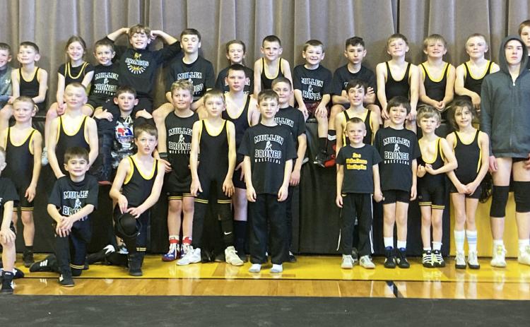 The Mullen youth wrestling team hosted a triangular on Sunday, Jan. 22 with Hershey and Valentine. Hershey first defeated Valentine 20-11. Mullen won 27-17 over Hershey and then 31-10 over Valentine. Pictured back, l-r: Duke Miller, Cooper Phillips, Olivia Cox, Grady Phipps, Cody Walker, Bo Pettit Jr., Holt Morrison, Luke Cox, Tripp Jewell, Gunner Brown, Gus Wingebach, Caleb Deibler, Jedd Kraus, Justin Kraus. Middle: Ryden Ourada, Weston Ourada, Colin Connealy, Trenton Billingsley, Cort Cox, Bronx Burney, B
