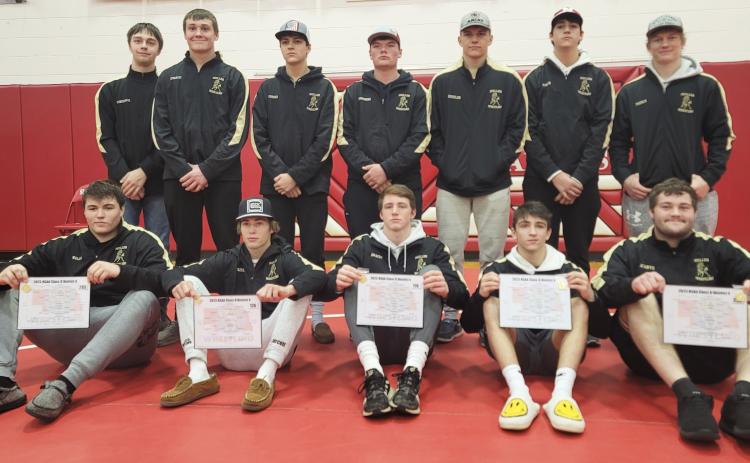 Mullen Bronco wrestling team at Districts last Saturday, back l-r: Jacob Wingebach, Tate Kvanvig, Jarren Forsen, Owen Thorberg, James Kessler, Jarren Forsen, Justin French. Front: Isaac Welch, Eli Paxton, Chase Gracey, Jeffery Forsen, Tel Kvanvig. Kris Forsen