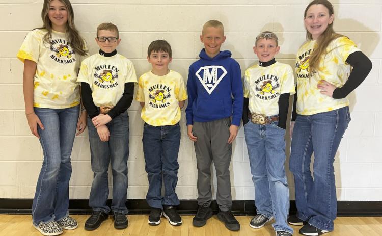 Mullen Marksmen members competing at State BB Gun are pictured l-r: Ady Hampton, Oakes Miller, Zach Hicks, Teal Peterson, Duke Miller, Hope Miller. Not pictured: Cian and Colin Connealy. Gerri Peterson