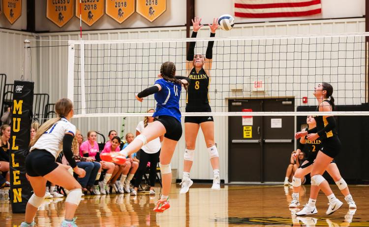 Harper Andersen goes up for a block in the Homecoming game against Hyannis last Friday.