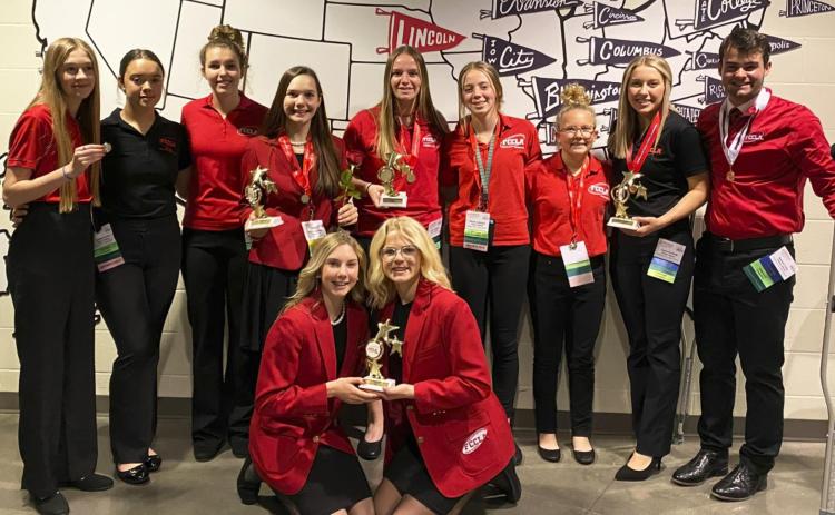 FCCLA members who competed at State last month, back l-r: Sydnee Cheever, Mercedes Garner, Jordyn McDowell, Ashlyn Simonson, Jadyn Andersen, Harper Andersen, Riley Hegland, Taylor Svoboda, Samuel Coble. Front: Peyton Paxton, Tierston Moore. Diana Brost