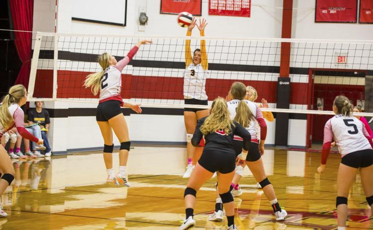 Medora DeNaeyer goes up for a block last week at Merna. Megan Andersen