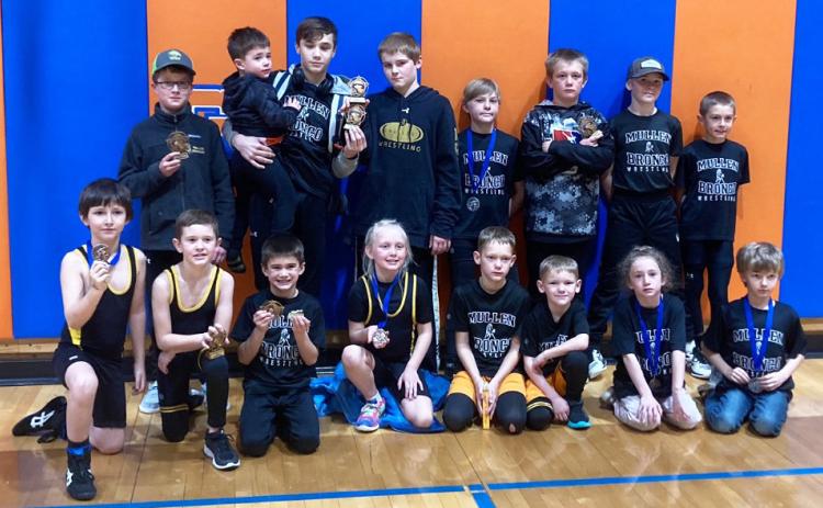 Mullen youth wrestlers pictured at Gordon, back l-r: Cylas Dent, Bo Pettit holding Brek Dent, Justin Kraus, Gus Wingebach, Caleb Deibler, Jedd Kraus, Grady Phipps. Front: Marcus Lattin, Holt Morrison, Tru Mundorf, Daryl Deibler, Eli Barnes, Jaxson Barnes, Dailie Dent, Merick Lattin. Steven Dent