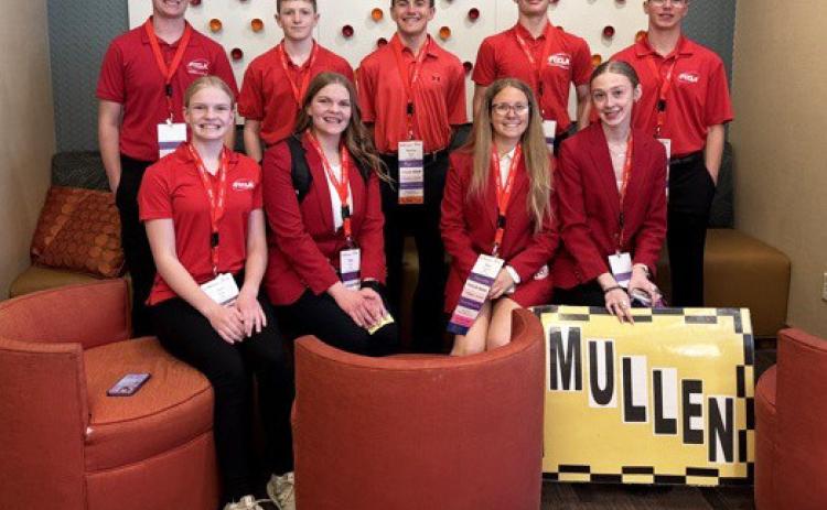 Mullen State FCCLA participants, back l-r: Hayden Morrison, Oakes Miller, Braylon Kuncl, Cody Walker, Jack Coble. Front: Ava Walz, Maci Walz, Riley Hegland, Sydnee Cheever. Kelli Walz