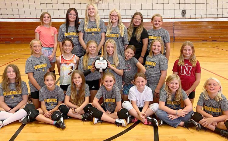 3rd-6th grade Mullen youth volleyball teams, back l-r: Olivia Cox, Jocelyn Oliveira, Hadley Marsh, Ava Walz, Bella Coetzee, Ella Walz. Middle: Emri Dent, Luciana Gonzalez, Kendall Phipps, Ayden Lee, Keira Kearns, Tatum Deibler, Elle Gracey. Front: Taylor Cash, Lillian Ericksen, Abbigail Mundorf, Avery Vinton, Sadie Hoyt, Marki Finney, Daryl Deibler. Not pictured: Pandora Gray. Jordyn Phipps