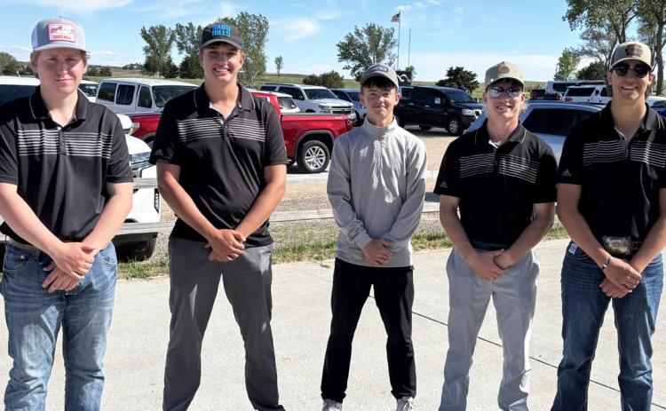 MHS golf team at districts, l-r: Corben Kissire, Jacob Walker, Ben Werner, Justin French, Jarren Forsen. Phil Hoyt
