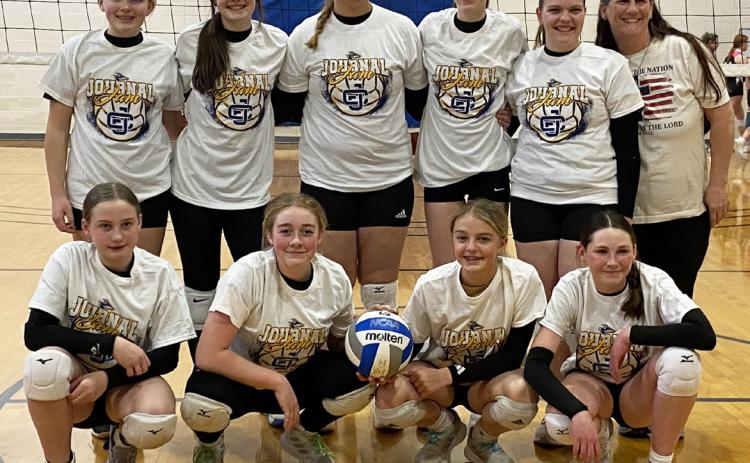 Back, l-r: Whytlea Cooley (Stapleton), Emma Ray (Thedford), Kaley Rasmusen (Thedford), Abigail Gracey, Maci Walz, Coach Barb McIntosh. Front: Paisley Ray (Thedford), Kassidy Cheever, Kaisley Phipps, Breckyn Burney. Not pictured: student managers Bronx Burney, Grady Phipps, Kendall Phipps (also a player at Centura Tourney), Ava Walz and Ella Walz. courtesy photo