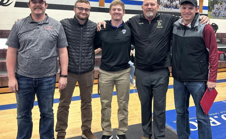It was like a mini Mullen Bronco wrestling reunion at the South Loup Invite last Friday! MHS wrestling coach Russ Monette gathered up the MHS grads who were there coaching for a photo, l-r: Tyrell Wilson - Sutherland, Ty Kvanvig - Mullen, Zach Sweet - South Loup, Monette, Josh Cox - Sandhills Valley. courtesy photo
