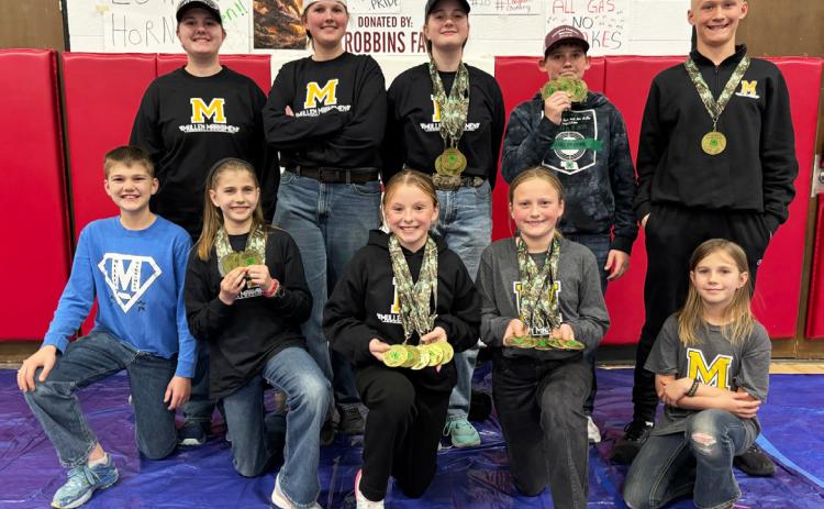 Mullen Marksmen competing at state bb gun and air rifle are pictured back, l-r: Jessa O’Brien, Hannah O’Brien, Adelyn O’Brien, Colin Connealy, Teal Peterson. Front: Ransom O’Brien, Rainne O’Brien, Sadie Hoyt, Danielle Peterson, Aleah O’Brien. Not pictured: Jaxson and Eli Barnes, Holt Morrison, Zach Hicks, Duke, Oakes and Hope Miller. Gerri Peterson