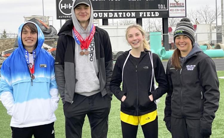 L-r: Trevor Kuncl, Clayton Moore, Peyton Paxton and Callie Coble qualified to compete at the Track and Field Festival in Papillion last Tuesday, with Trevor and Clayton both winning medals. Jennifer Moore