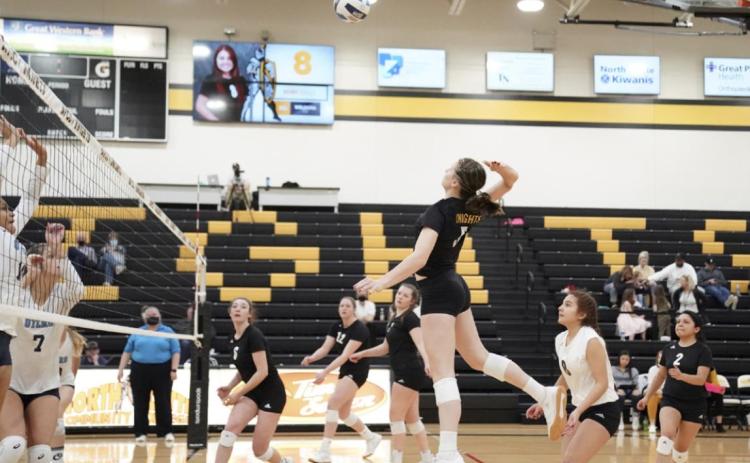 Mullen’s Alysen Daniels goes up for a kill against Otero. courtesy photo