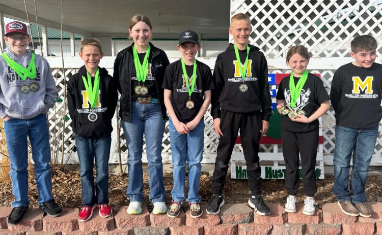 Mullen Marksmen in Chadron, l-r: Oakes Miller, Eli Barnes, Hope Miller, Duke Miller, Teal Peterson, Sadie Hoyt, Zach Hicks. Not pictured: Marcus Lattin, Hunter Gray. Gerri Peterson