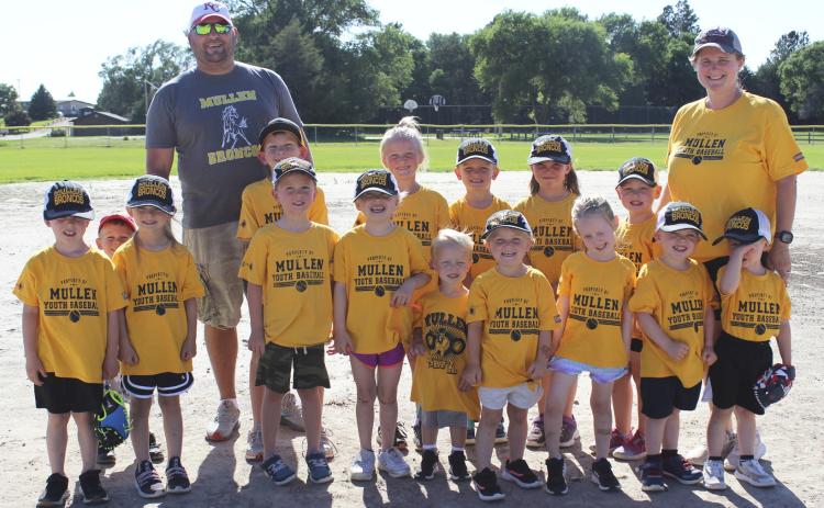 Mullen t-ball, back l-r: #1 fan Johnny Phillips, Assistant Coach Casey Phillips, Cooper Phillips, Danielle Peterson, Cooper Peers, Aislynn Connealy, Harper Myers, Head Coach Jessica Polt. Front: Finnegan Connealy, Brystol Call, Tate Phillips, Charlotte Connealy, Arthur Polt, Violet Stichka, Aurora Polt, Rudy Connealy, Martin Connealy. Not pictured: Marcus and Merick Lattin. Gerri Peterson
