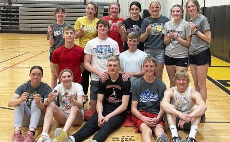 Every member that competed of the MHS track teams began their season with a medal last week! Pictured back, l-r: Malia Oltmer, Keragan Welch, Hayley Donohoe, Fayth Brown, Tierston Moore, Izzy Hoyt, Sydnee Cheever. Middle: Alex Werner, Chase Gracey, Kyle Finney. Front: Mercedes Garner, Peyton Paxton, Clayton Moore, Alex Moore, Justin French. courtesy photo