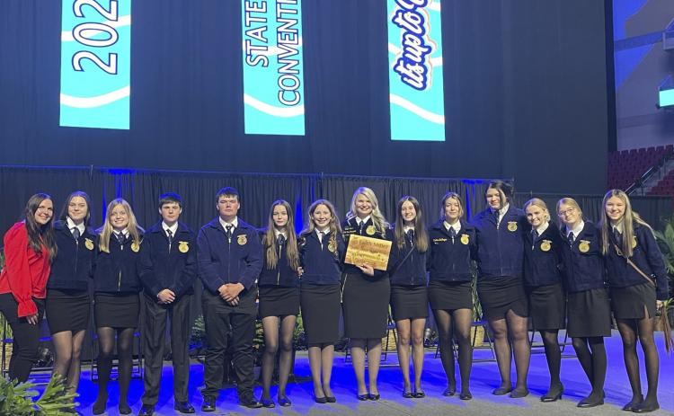 Mullen FFA memers at State Convention, l-r: Advisor Kelsey Phillips, Georgia Wingebach, Lauren Schoonveld, Cian Connealy, Owen Thorberg, Maggie Haesler, Hope Miller, 2022-23 State FFA Vice President Faith Miller, Allie Boyer, Medora DeNaeyer, Mia Flores-Green, Ashton Werth, Lola Wingebach, Ady Hampton. courtesy photo