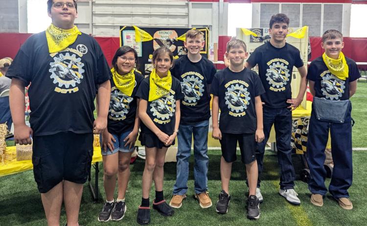 Bronco Bots in Lincoln, l-r: Hunter Gray, Natalee Walker, Finley Mundorf, Duke Miller, Cooper Phillips, Brandt Mundorf, Zach Hicks. Heather Phillips