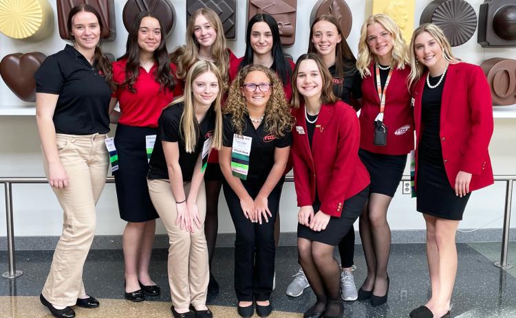 State FCCLA participants, back l-r: Jadyn Andersen, Mercedes Garner, Sydnee Cheever, Fayth Brown, Harper Andersen, Tierston Moore, Peyton Paxton. Front: Erika Massey, Riley Hegland, Ashlyn Simonson.