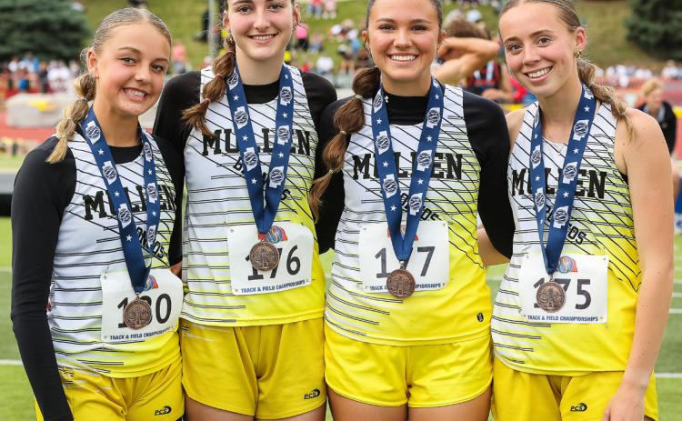 The girls’ 4x800 relay team placed 3rd at State Track, l-r: Kaisley Phipps, Abby Gracey, Ady Hampton, Harper Andersen. Megan Andersen