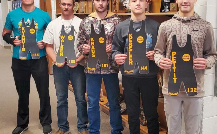 Boys State Wrestling qualifiers, l-r: Tate Kvanvig (215), Cooper Walker (175), Jason Kraus (157), Colby Kessler (144), Bo Pettit, Jr. (132). Mike Kvanvig
