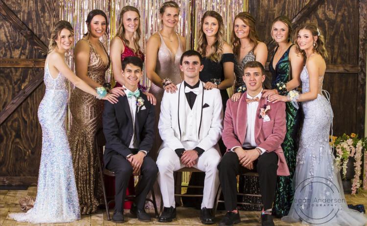 MHS seniors at Prom last Saturday, March 20, back l-r: Isabel Williams, Michelle Brown, Brooke McCully, Samantha Moore, Hanna Marshall, Kylie Licking, Lindey Coble, Josey French. Front: Hayden Jennings, Bryce McIntosh, Brendon Walker. Megan Andersen Photography