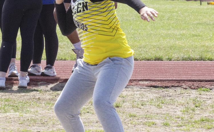 Mercedes Garner competing in the shot put in Bertrand. Carolee Brown
