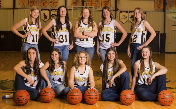 The Mullen Junior High girls basketball team ended their regular season last week, going 4-2. They were coached by Sammy Walker. Pictured back l-r: Chloe Newman, Jenna Donohoe, Emerson Thorberg, Brynne McCully, Lola Wingebach. Front: Harper Andersen, Kalli Licking, Riley Hegland, Ella Rice, Georgia Wingebach. Not pictured: Ady Hampton, Hope Miller. Megan Andersen