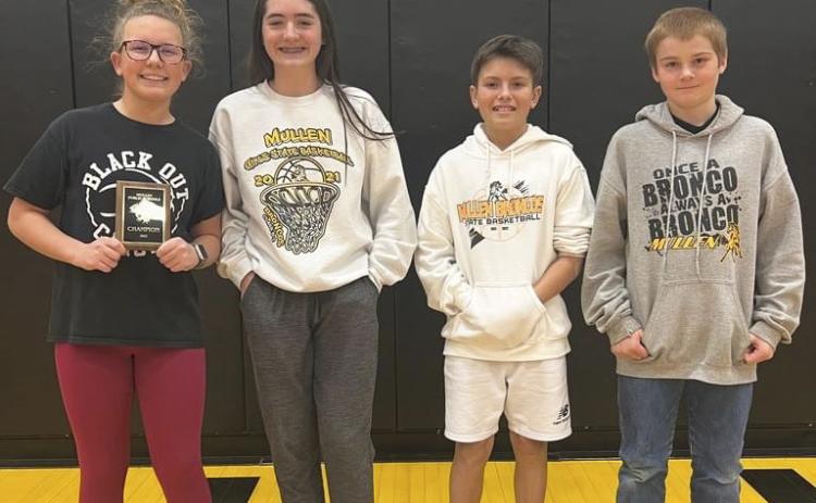 Hooker County Spelling Bee results, l-r: 1st - Riley Hegland 8th grade champion and overall champion, 2nd - Jenna Donohoe 7th grade champion, 3rd - Braylon Kuncl 6th grade champion, 4th - Justin Kraus 5th grade champion. courtesy photo