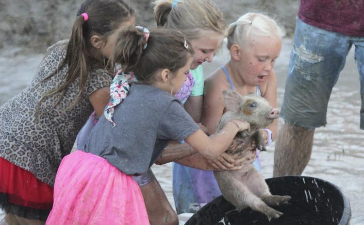 L-r - Zandra Hebbert, Finley Mundorf, Tatum Deibler and Daryl Deibler - Pig Wrestling.