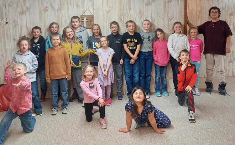 After meeting on Wednesdays since October, Joy Club at Mullen’s Assembly of God Church held their year-end program last Wednesday, March 6. Pictured back, l-r: Dailie Dent, Grady Phipps, Kayden Evans, Kendall Phipps, Ella Walz, Justin Kraus, Emri Dent, Anna Hessin, Cylas Dent, Caleb Deibler, Jedd Kraus, Keira Kearns, Tatum Deibler, Danielle Peterson, Hunter Gray. Front: Killian Kearns, Ryann Walz, Zandra Hebbert, Jaxyn Evans. Melinda Kraus