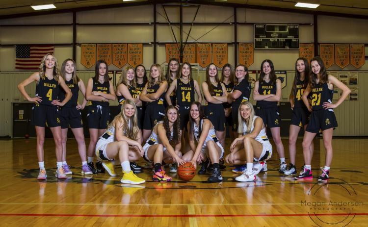 MHS Girls Basketball, back l-r: Peyton Paxton, Izzy Hoyt, Fayth Brown, Samantha Cheever, Mercedes Garner, Lauren Schoonveld, Mia Flores-Green, Whitney Jennings, Ashlyn Simonson, Medora DeNaeyer, Corynn Corbin, Allie Boyer, Maggie Haesler, Brooke Williams. Front: Faith Miller, Jordyn McDowell, Shelby Welsh, Taylor Svoboda.