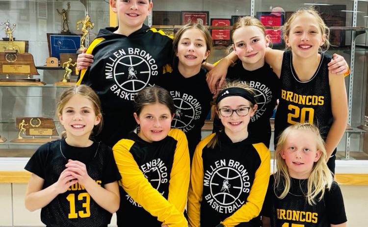 Mullen’s 3rd/4th grade girls placed 1st at the Med Valley basketball tournament in Curtis last Saturday, Feb. 8. Back, l-r: Ella Walz, Lillian Ericksen, Elle Gracey, Emri Dent. Front: Abbigail Mundorf, Zandra Hebbert, Avery Vinton, Daryl Deibler.