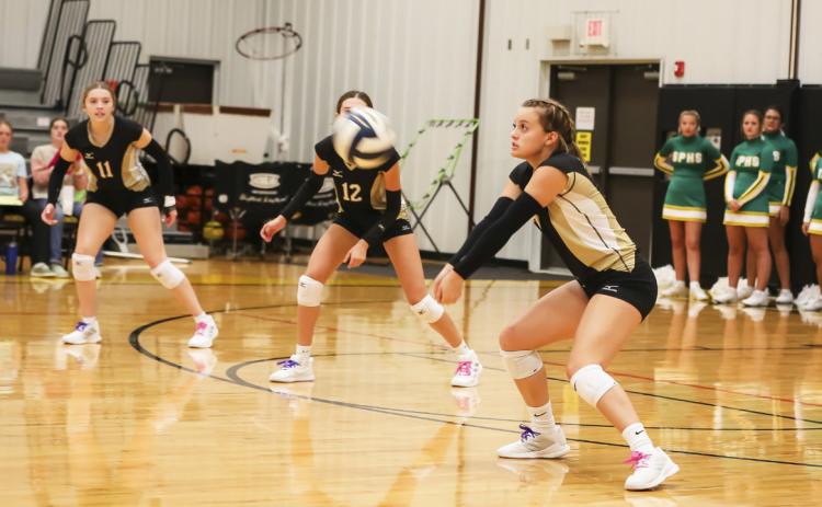 Lauren Schoonveld with a dig against North Platte St. Pat’s. Megan Andersen