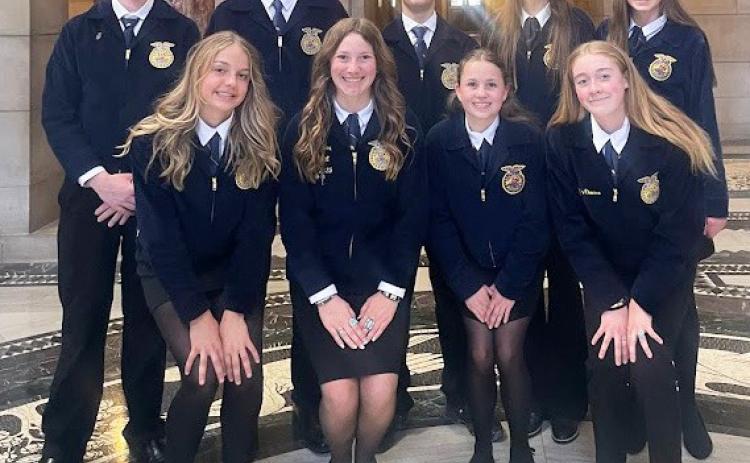 State FFA attendees, back l-r: Hayden Morrison, Cian Connealy, Cody Walker, Abigail Gracey, Breckyn Burney. Front: Kaisley Phipps, Hope Miller, Audrabell Werth, Kassidy Cheever. Kelsey Phillips