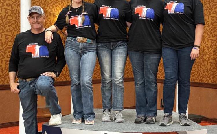 The air rifle team placed 5th out of 33 teams at nationals. Pictured l-r: Coach Bryan Miller, Hope Miller, Adelyn O’Brien, Jessa O’Brien, Hannah O’Brien.