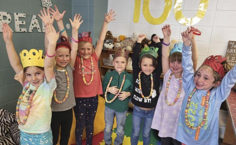 The Mullen kindergarteners celebrated their 100th day of school on Monday, Feb. 6 with all kinds of activities. Pictured l-r: Eve Ericksen, Fallon Lee, Danielle Peterson, Trent Cox, Ellie Licking, Aislynn Connealy, Dailie Dent. Leanne DeKay