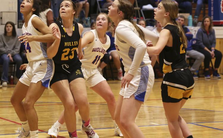 Jadyn Andersen (#23) and Erika Massey watch to rebound a free throw. Megan Andersen