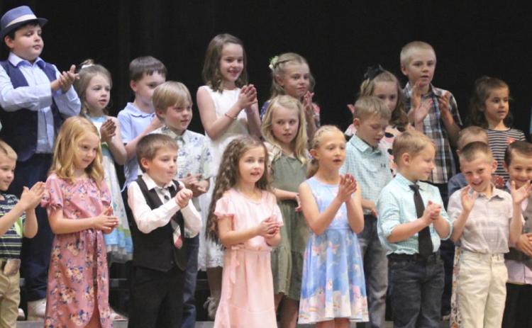 Kindergarten and 1st grades, pictured back, l-r: Cylas Dent, Jackson Newman, Duke Miller, Hunter Gray, Keira Kearns, Samuel Hessin, Logan Moore, Kendall Phipps, Avery Vinton, Jedd Kraus, Finley Mundorf, Caleb Deibler, Taylor Cash. Middle: Gus Wingebach, Ayden Lee, Kyler Marsh, Tylee McClain, Cooper Phillips, Charley Zimmerman. Front: Tripp Jewell, Elle Gracey, Zach Hicks, Lillian Ericksen, Emri Dent, David Byrd, Luke Cox, Tuff Pettit, Natalee Walker, Jaxyn Evans.