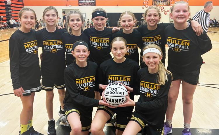 Four Mullen youth basketball teams competed in the two-day Ogallala Shootout tournament February 14-15. The sixth grade girls team went 4-0 to win their division. Pictured back l-r: 5th graders Lillian Ericksen, Clara Seeley, Abbigail Mundorf, Avery Vinton, Elle Gracey, Emri Dent, Ella Walz. Front: 6th graders Kendall Phipps, Parker Vinton, Ayden Lee. Callie Vinton