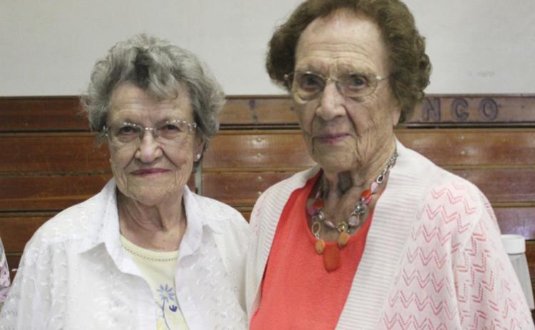 The oldest class in attendance at the alumni banquet was 1938, with Fedora Humphrey Groenewold (left) and June Anders Morris. Gerri Peterson