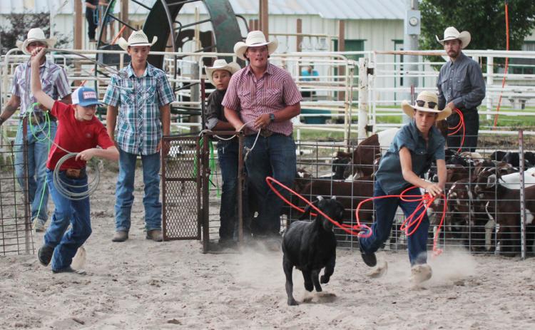 The annual goat roping was held during the Hooker County Fair on Friday, Aug. 2 with the following results. 1. Bryan Miller and Faith Miller, 2. Remington and Trayce, 3. Emerson Thorberg and Owen Thorberg, 4. Landon and Clancy. Pictured are Oakes Miller (left) and Brandt Mundorf competing. Gerri Peterson
