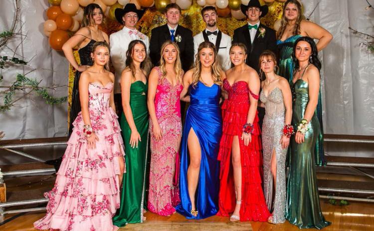 MHS seniors at Prom last Saturday, April 5, back l-r: Medora DeNaeyer, Justin French, Corben Kissire, Jacob Wingebach, Jarren Forsen, Mia Flores-Green. Front: Maggie Haesler, Allie Boyer, Peyton Paxton, Keragan Welch, Izzy Hoyt, Brooke Williams, Fayth Brown.