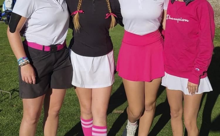 When you compete in a golf meet during Homecoming week, that doesn’t stop you from dressing up! The girls golf team, l-r: Corynn Corbin, Hope Miller, Ashlyn Simonson and Brooke Williams on Barbie day. Gini Corbin