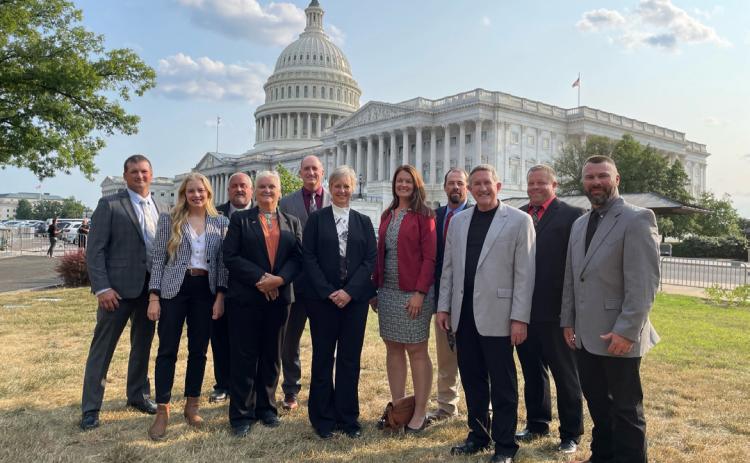 Farmer and rancher members of Nebraska Farm Bureau attended the 2023 Advocacy Fly-In June 12-14. Pictured front, l-r: Hannah Borg, Dixon County; Krista Podany, Holt County; Dawn Kucera, Madison County; Bree DeNaeyer, Cherry County; Jim Stewart, Lancaster County and Adam Boeckenhauser, Dixon County. Back: Jason Perdue, York County; Vance Tonack, Douglas County; Tim Lorenz, Sarpy County; Nick Landenburger, Hitchcock County; and Ben Deerson, Saunders County. courtesy photo