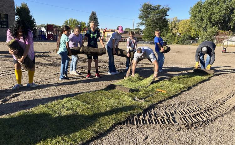On Tuesday, Oct. 3, 6,700 square feet of sod was put in at the Mullen Elementary playground. Students in grades 5-12 helped with the project, along with staff, teachers, administrators and community members who came to volunteer their time for the project as well. Dane Peterson