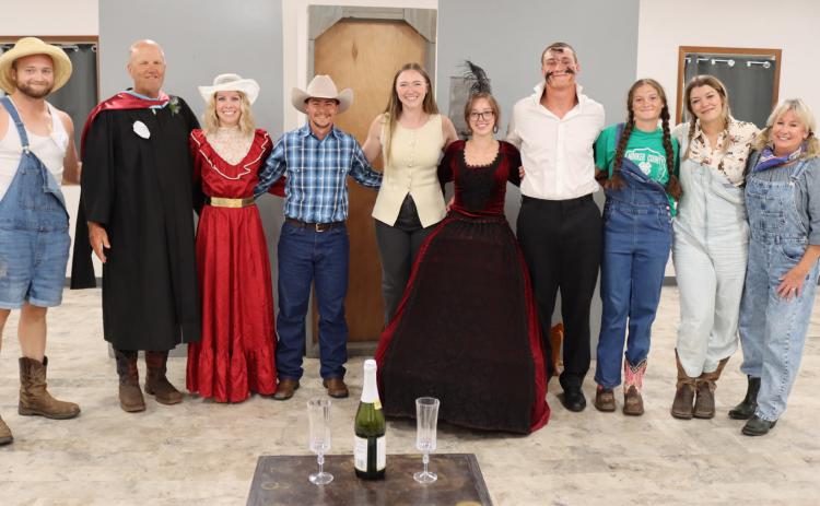The Hooker County Community Center was full for the Melodrama performance Tuesday evening, July 28. Cast members are pictured l-r: Ty Kvanvig, Mitch Pfeiffer, Wynn Micheel, Luke Peters, Kyler Horn - Director, Malia Oltmer, Tate Kvanvig, Ava Kvanvig, Medora DeNaeyer, Kim Cooley. A free will donation was taken at the event to help raise funds to replace the Lariat stage curtains and for equipment such as spotlights for future performances. Gerri Peterson