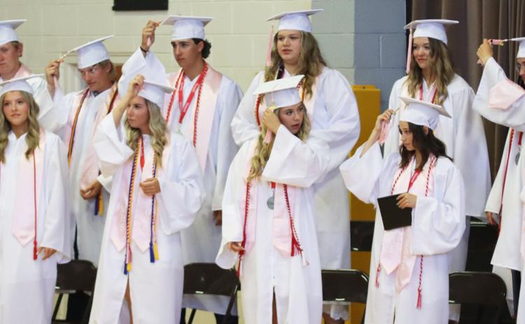 The class of 2025 moves their tassles as they become graduates of Mullen High School last Saturday. Pictured back, l-r: Corben Kissire, Justin French, Jarren Forsen, Mia Flores-Green, Medora DeNaeyer, Fayth Brown, Allie Boyer. Front: Margaret Haesler, Isabell Hoyt, Peyton Paxton, Keragan Welch, Brooke Williams, Jacob Wingebach. Gerri Peterson