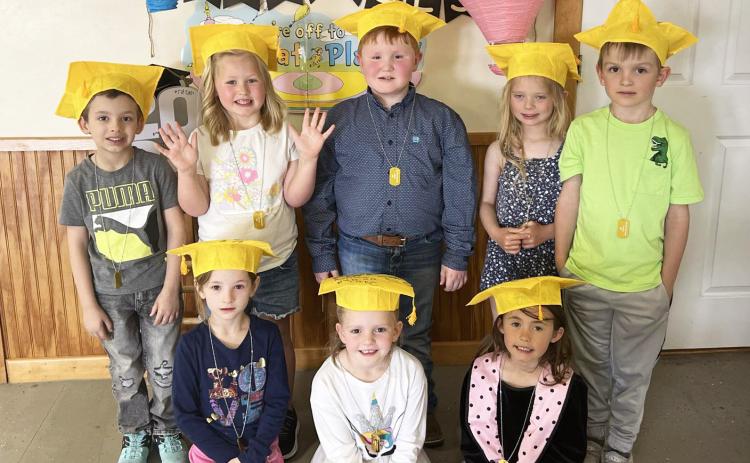 Early this month eight students graduated from Denise Hoyt’s Busy Bee’s Preschool. Pictured back l-r: Austin Smith, Harper Myers, Lane Brown, Brystol Call, Cooper Peers. Front: Ryhme Pettit, Ryann Walz, Addison Mundorf. Denise Hoyt
