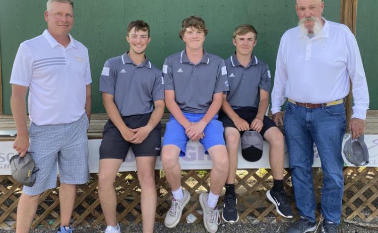 The Broncos finished their golf season at the District D-4 meet in North Platte on Monday, May 16. Pictured l-r: Coach Clint Svoboda, Brady Oltmer, Ethan Hardin, Kyle Finney, Coach Mike Brown. Lori Finney