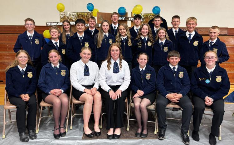 Mullen FFA members attending the year-end banquet are pictured back, l-r: Abby Gracey, Hayden Morrison, Jackson Vinton, Cian Connealy, Cort Cox, Hayden Deibler. Middle: Oakes Miller, Cody Walker, Nick Gonzalez, Breckyn Burney, Kaisley Phipps, Hope Miller, Olivia Cox, Teal Peterson, Weston Ourada. Front: Chloe Wiese, Kendall Vinton, Hayley Donohoe, Morgan Hassett, Audrabell Werth, Colin Connealy, Kassidy Cheever. Gerri Peterson
